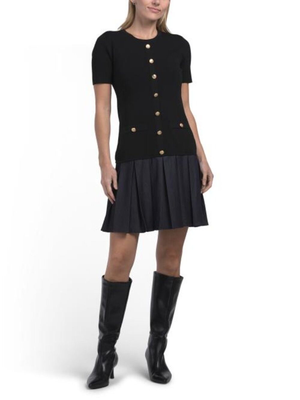 ELLEN TRACY Short Sleeve Pleated Sweater Mini Dress